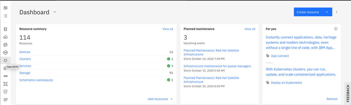 ibm cloud dashboard openshift