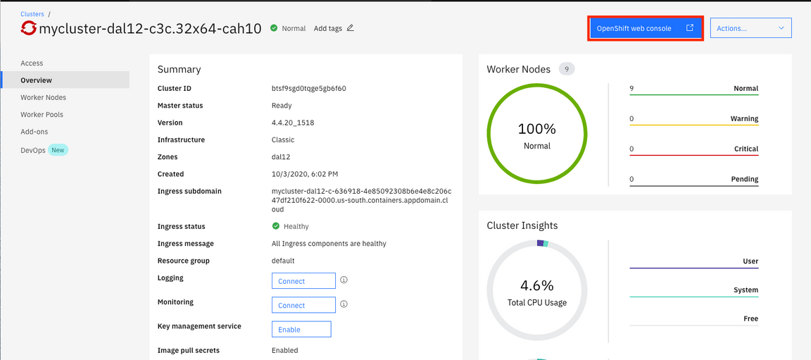 ibm clould openshift console