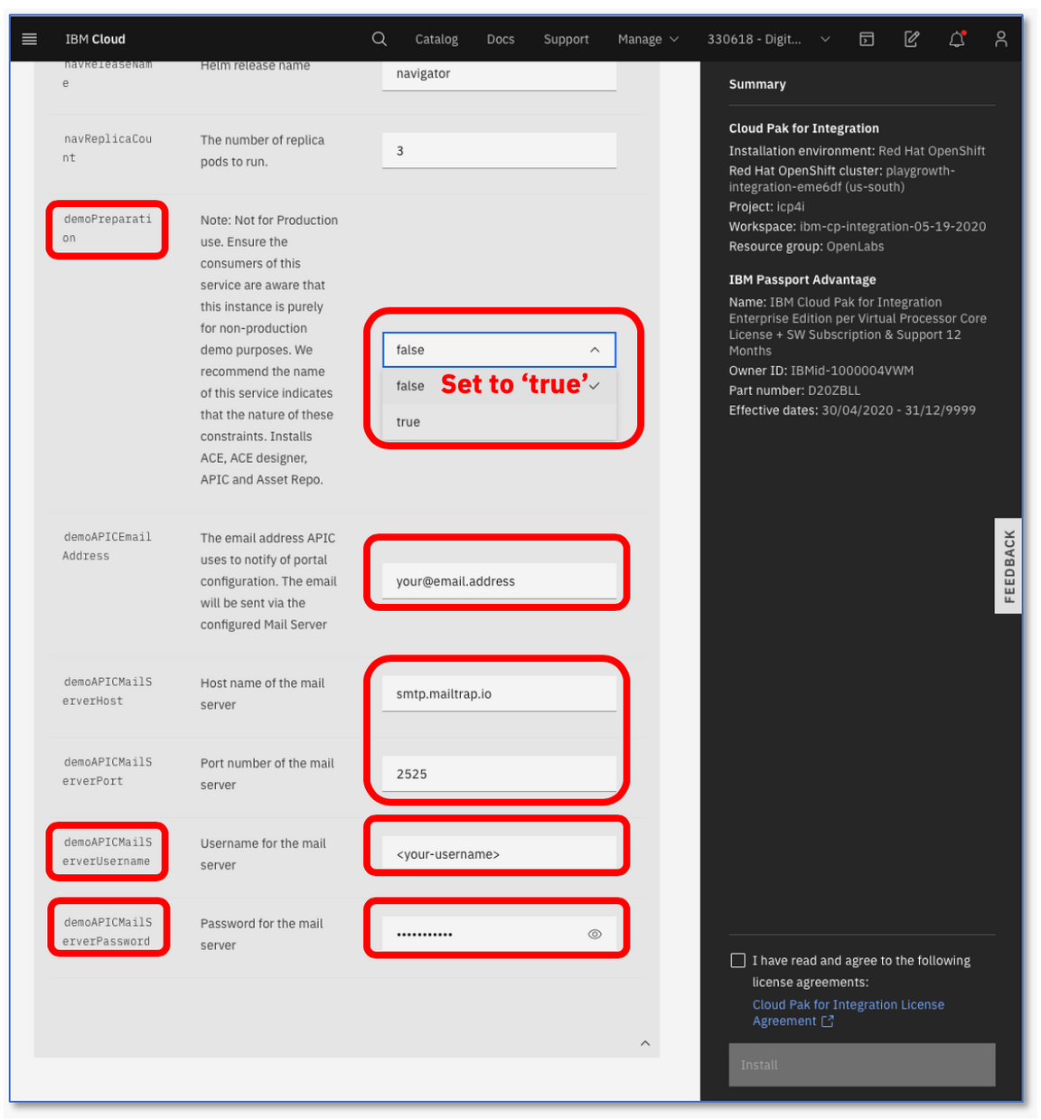 cp4i install param