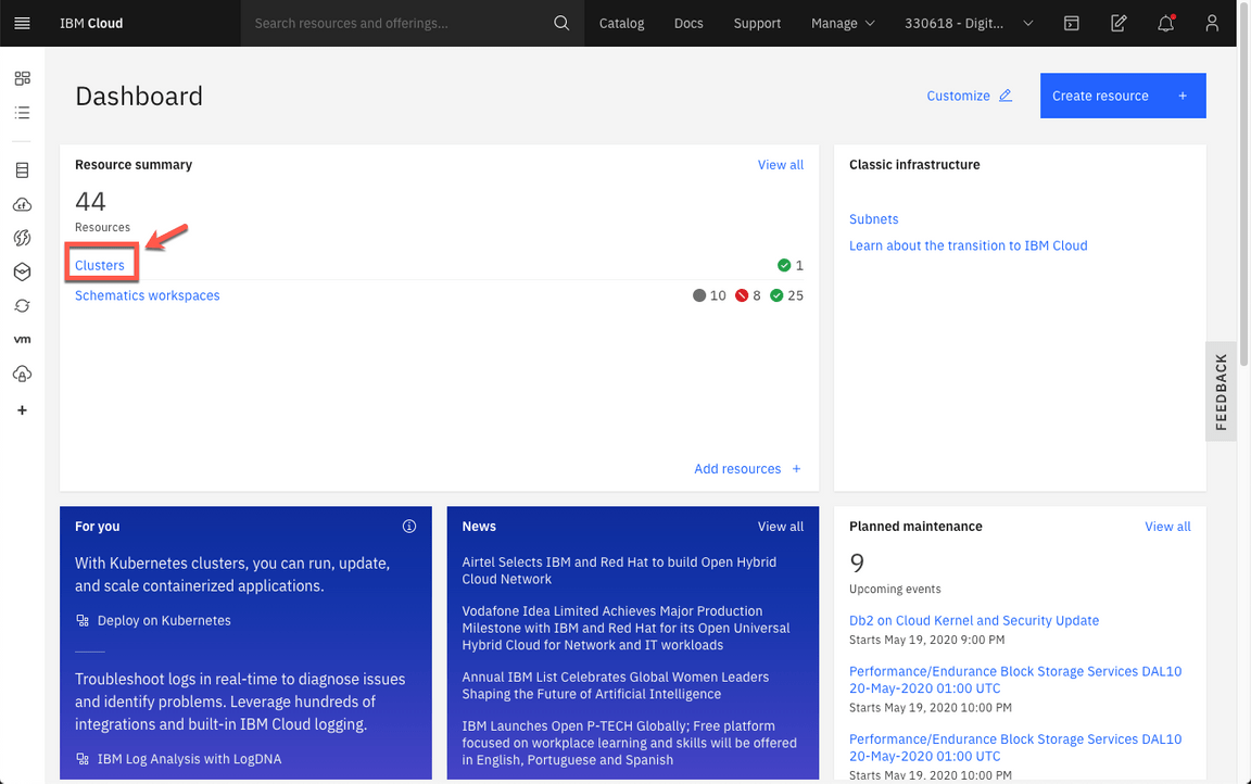 ibmcloud dashboard cluster